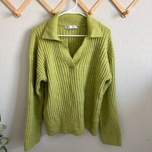 Zara Lime Green Knit Collar Sweater Size Medium